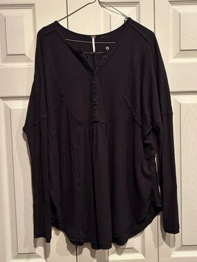 Free People Black Ribbed Henley Long-Sleeve Top